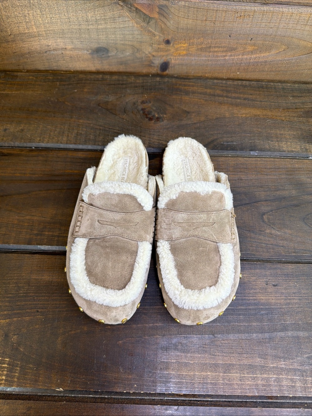 Veronica Beard Fenix Taupe Suede Shearling Style Studded Mules Women Size 9